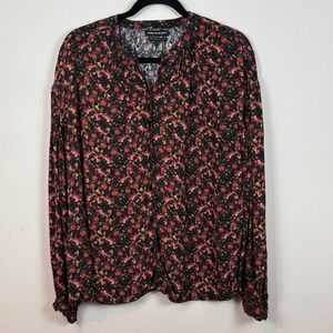 Something navy Women's Black floral Button Front Long Sleeve Boho Blouse Size SM